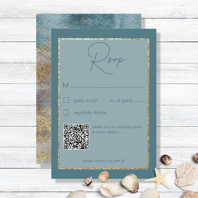 Modern Beach Abstract Teal & Gold RSVP Card (Creator Uploaded)