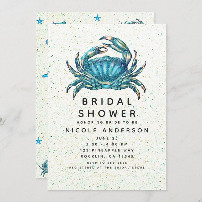 Modern Beach Blue Crab Starfish Bridal Shower Invitation (Front/Back)