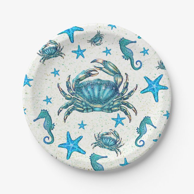 Modern Beach Blue Crab Starfish Seahorse Party Paper Plate (Front)