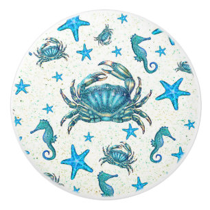 Modern Beach Blue Crab Starfish Seahorse Sparkle Ceramic Knob