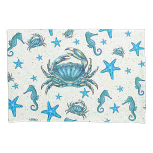 Modern Beach Blue Crab Starfish Seahorse Sparkle Pillowcase