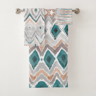 Modern Beach Boho Teal Peach Grey Watercolor Bath Towel Set
