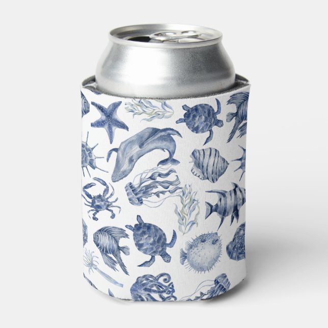 Modern Beach Coastal Watercolor Wedding Blue Can Cooler (Can Front)