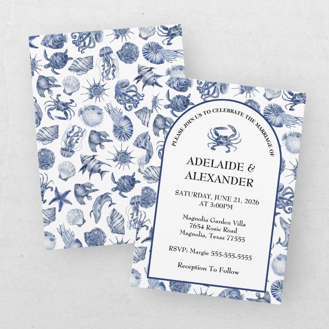 Modern Beach Coastal Watercolor Wedding Blue Invitation (Creator Uploaded)
