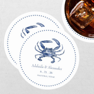 Modern Beach Coastal Watercolor Wedding Blue Round Paper Coaster