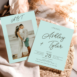 Modern beach destination photo wedding invitation