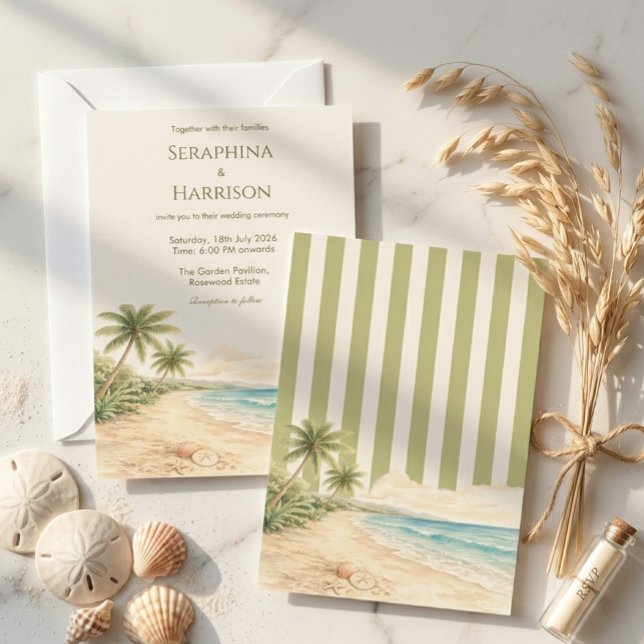 Modern Beach Destination Wedding Sage Green Stripe Invitation (Creator Uploaded)