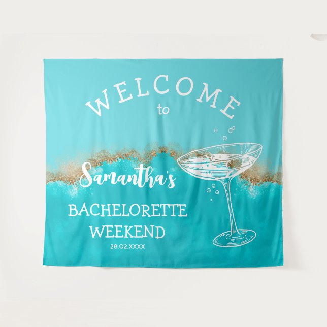 Modern Beach Gold Turquoise blue Bachelorette Tapestry (Front (Horizontal))