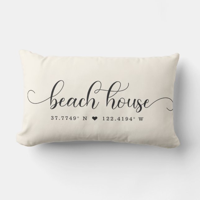 Modern Beach House Chic Script Custom Coordinates Lumbar Cushion (Front)