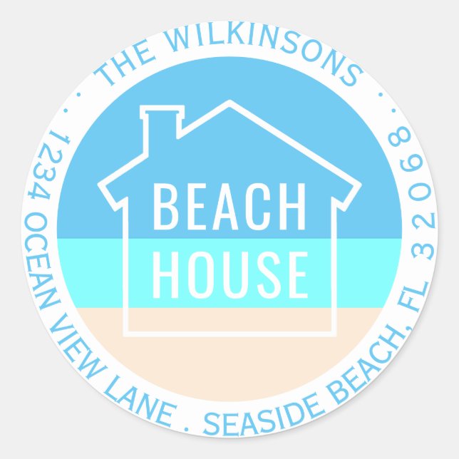 Modern Beach House Circle Return Address Labels (Front)
