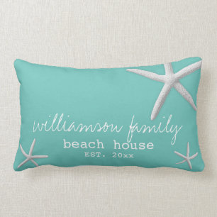 Modern Beach House Coastal Starfish Teal Blue Lumbar Cushion