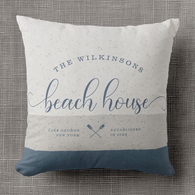 Modern Beach House Family Name Brush Script Blue Cushion (Creator Uploaded)