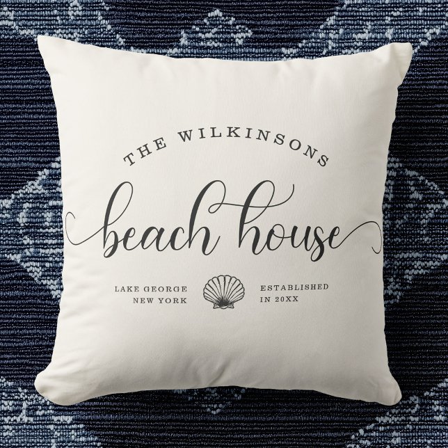 Modern Beach House Family Name Script Location Cushion (Creator Uploaded)