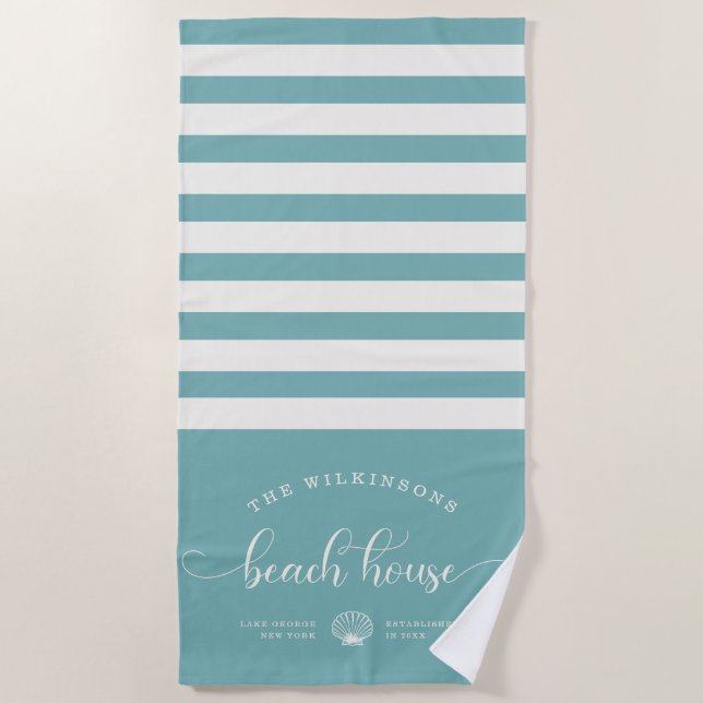 Modern Beach House Family Name Script Turquoise Beach Towel (Front)