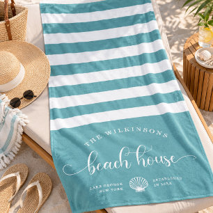 Modern Beach House Family Name Script Turquoise Towel