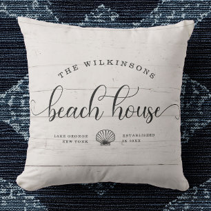 Modern Beach House Family Name Script White Wood Cushion