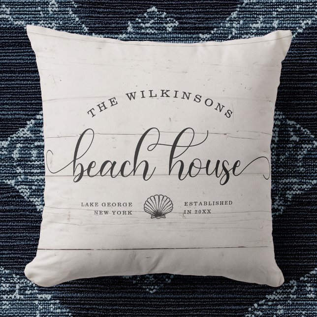 Modern Beach House Family Name Script White Wood Cushion (Creator Uploaded)