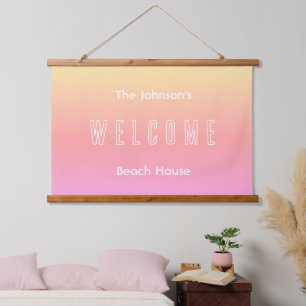 Modern Beach House Family Name Welcome Sign Hanging Tapestry