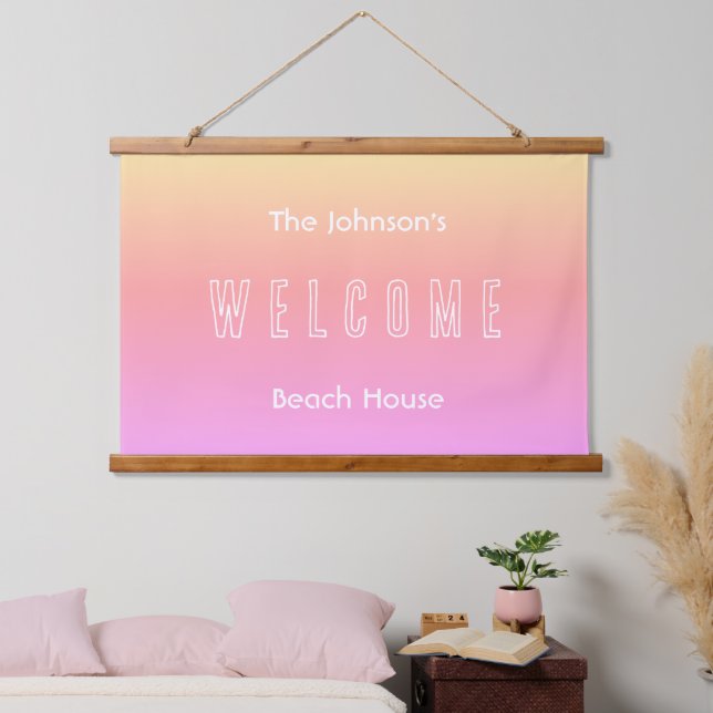 Modern Beach House Family Name Welcome Sign Hanging Tapestry (Bedroom)