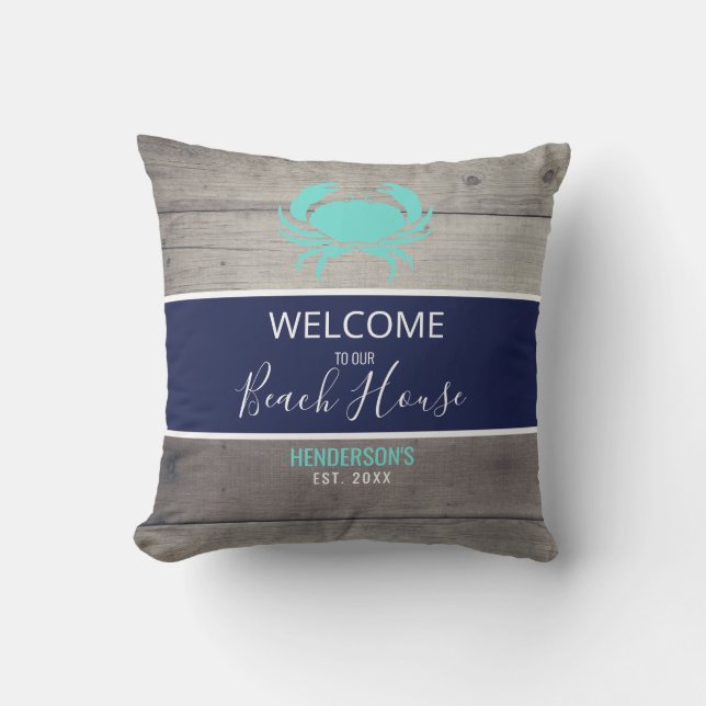 Modern Beach House Nautical Teal Blue Personalised Cushion (Front)