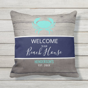 Modern Beach House Nautical Teal Blue Personalised Cushion