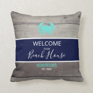 Modern Beach House Nautical Teal Blue Personalized Cushion