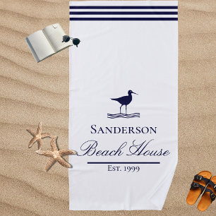 Modern Beach House White Navy Blue Sandpipers Towel