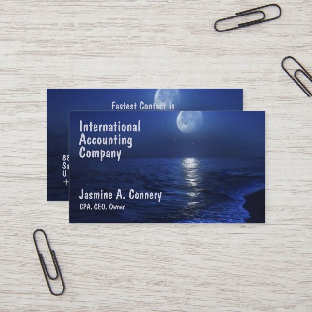 Modern Beach Moon Sea Design Business Card (Front/Back In Situ)