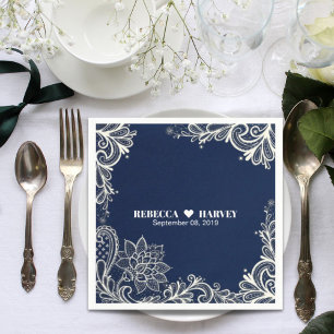 modern beach nautical white lace navy blue wedding napkin