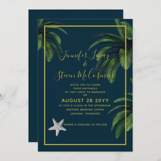 Modern Beach Navy Blue Gold Palm Tree Wedding Invitation (Front/Back)