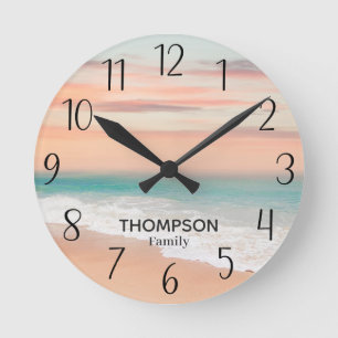 Modern Beach Ocean Blue Orange Sky Round Clock