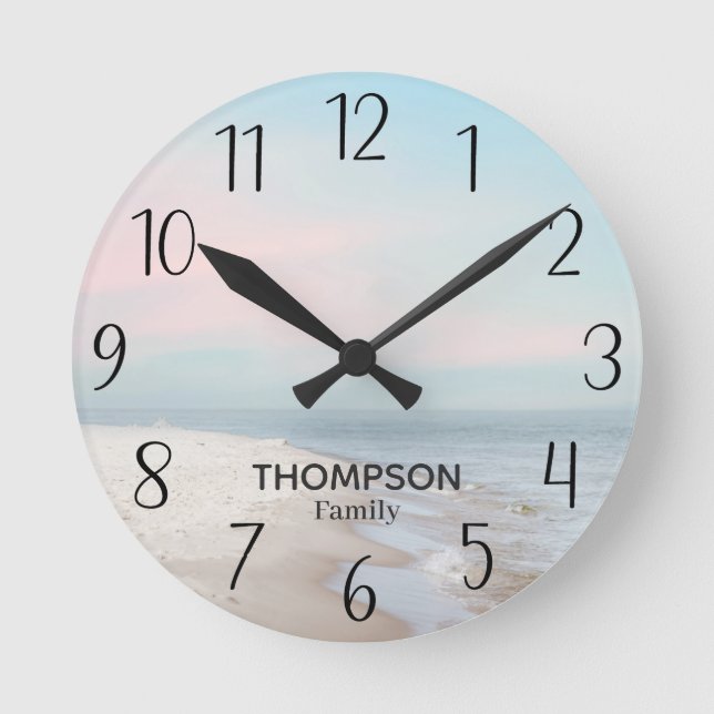 Modern Beach Ocean Blue Pink Sky Round Clock (Front)