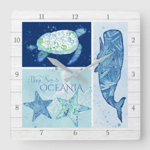 Modern Beach Ocean Deep Sea Whale Turtle Octopus Square Wall Clock