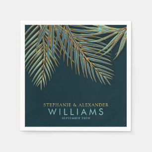 Modern Beach Palm Gold Blue Green Tropical Wedding Napkin
