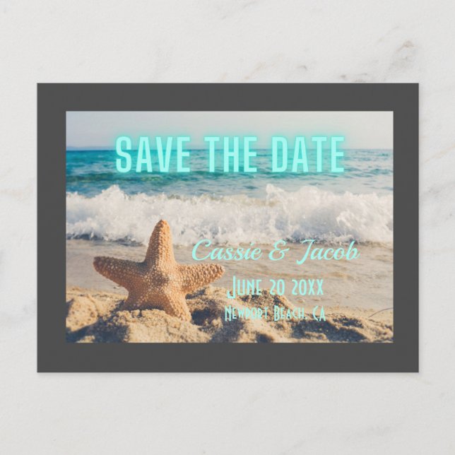 Modern Beach Scene Grey Border Save the Date Announcement Postcard (Front)