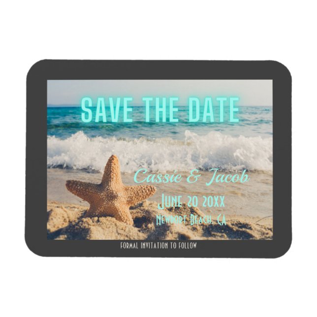 Modern Beach Scene & Neon Save the Date Magnet (Horizontal)