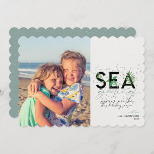 Modern Beach Sea Greetings Aqua Christmas Photo  Holiday Card