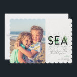 Modern Beach Sea Greetings Green Christmas Photo Holiday Card<br><div class="desc">A modern holiday card with a simple minimal message that reads "sea greetings" with palms combined with handwritten typography. Personalise with your names and favourite picture.  

Image by Vitolda Klein on Unsplash</div>
