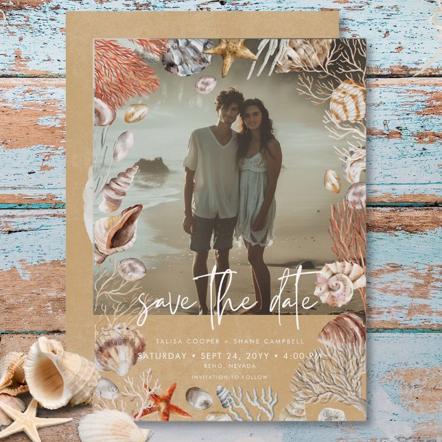 Modern Beach Seashell Frame Photo Sand Wedding Save The Date (Creator Uploaded)