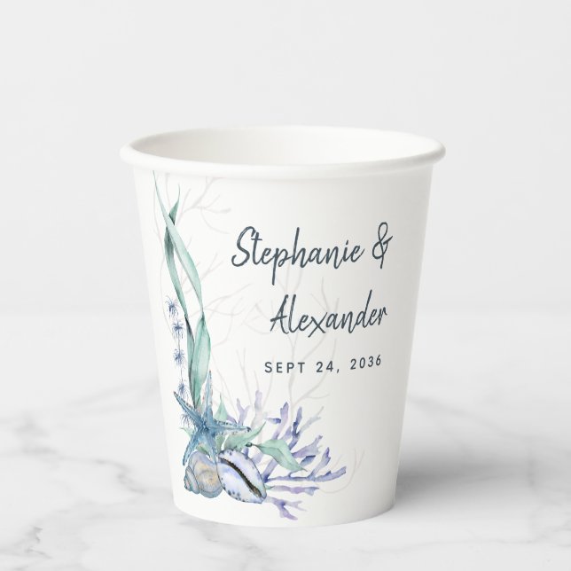 Modern Beach Seashells Wedding Paper Cups (Front)