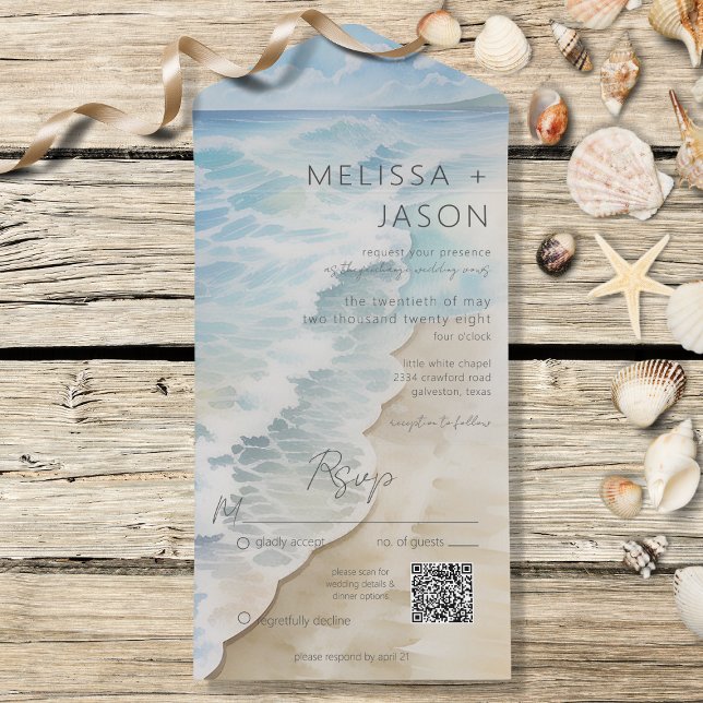 Modern Beach Shoreline Coastal QR Code All In One Invitation (Also available without a QR code; with or without dinner selection options.)