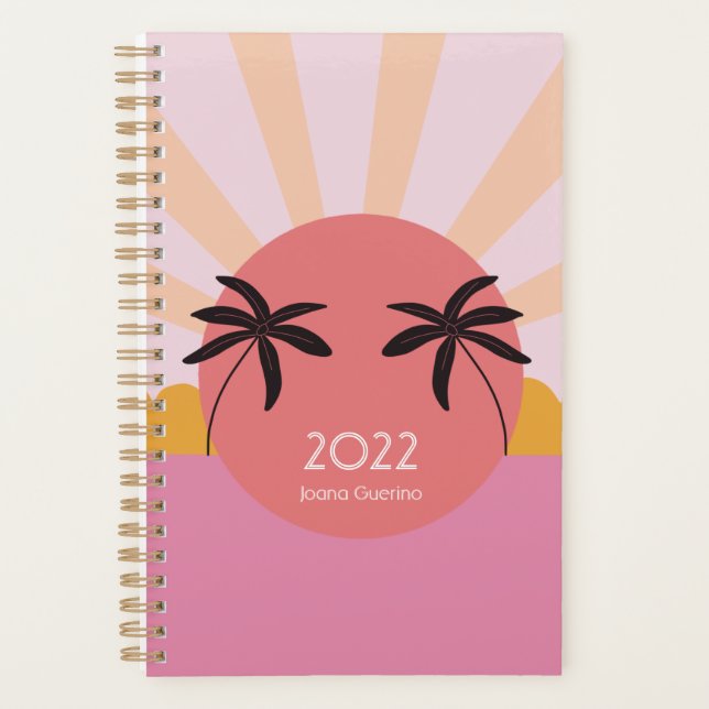 Modern beach sunrise palm tree pink 2022 planner (Front)