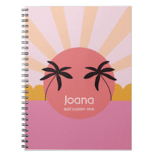 Modern beach sunrise palm tree pink name notebook