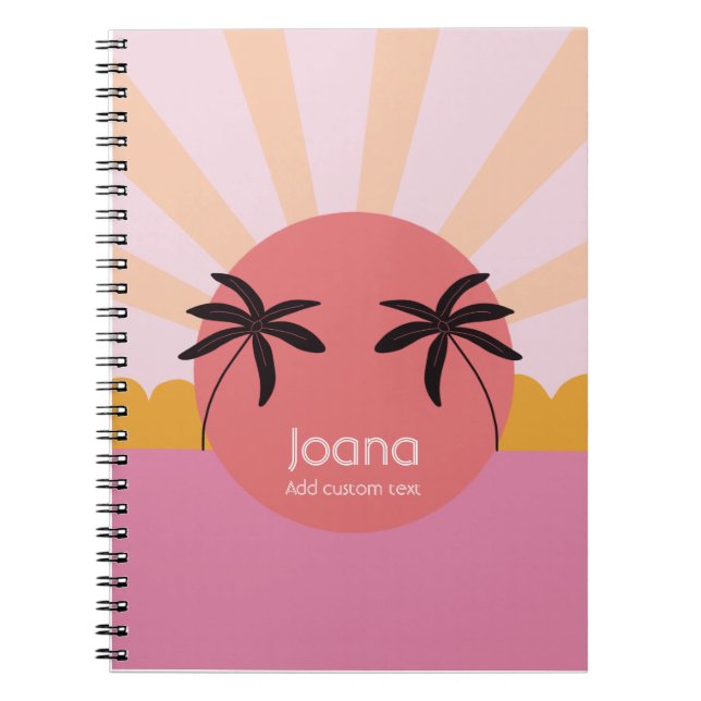 Modern beach sunrise palm tree pink name notebook (Front)