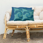 Modern Beach Teal Turquoise Wave Pattern and Wood Cushion<br><div class="desc">This design is a modern Nautilus quilt block design in a crashing wave pattern. Turquoise, teal, royal, and navy blue with hints of green. Created from original artwork in watercolor inspired by vintage Havana Cuban hand painted tiles, graphically designed into coastal artwork by internationally known artist and designer, Audrey Jeanne...</div>