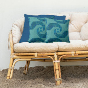 Modern Beach Teal Turquoise Wave Pattern and Wood Cushion