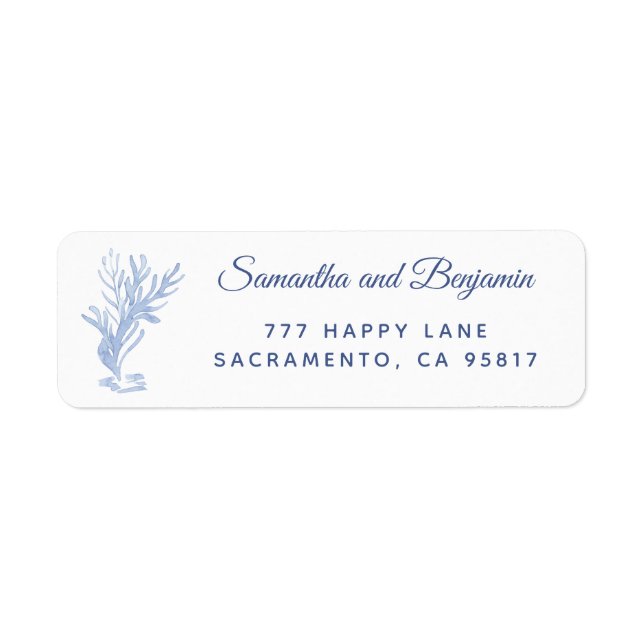 Modern Beach Wedding Blue and White Return Address Label (Front)