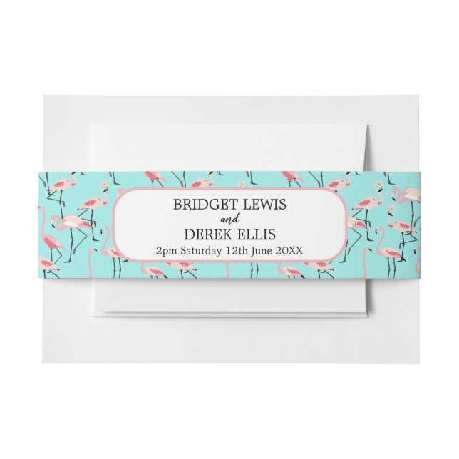 Modern Beach Wedding Pink Blue Flamingo Invitation Belly Band (Front Example)