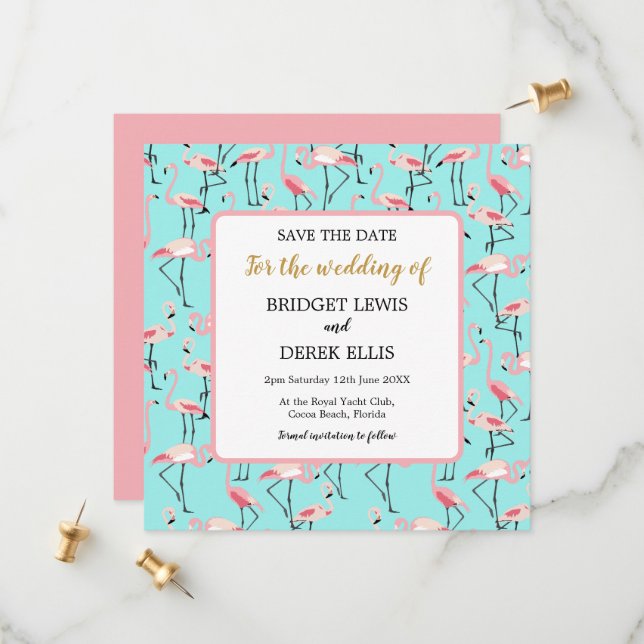Modern Beach Wedding Pink Blue Flamingo Save The Date (Front/Back In Situ)