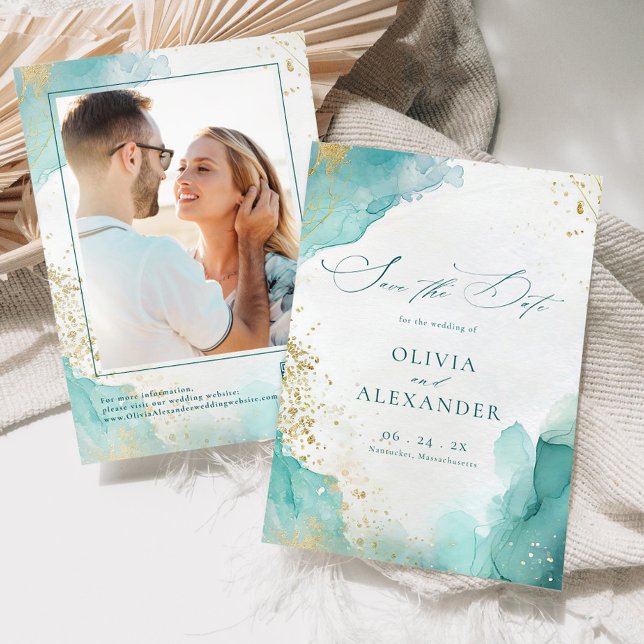 Modern Beach Wedding Teal Gold Abstract Photo Save The Date (Creator Uploaded)